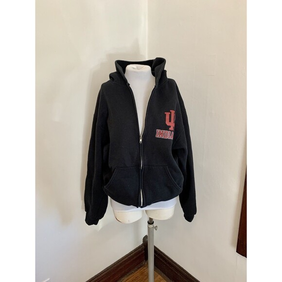 VTG 2000s y2k Russell Indiana Univ IU Hoosier Sweatshirt Hoodie Blk Zip Cotton l - Picture 1 of 16
